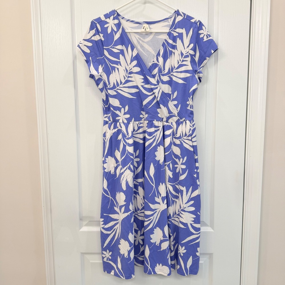 Pact Organic Cotton Crossover Fit & Flare Dress Periwinkle Blue Floral Large EUC